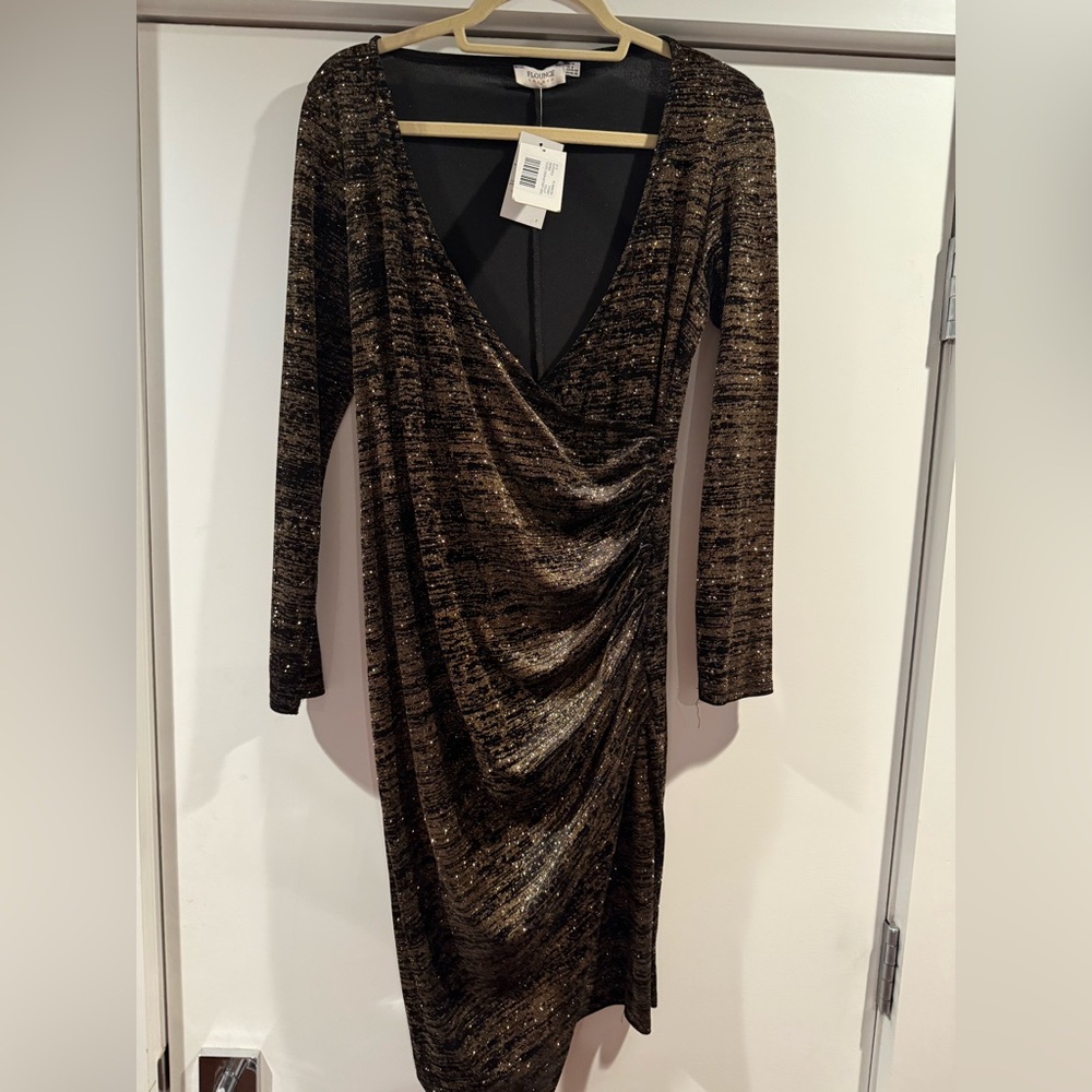 FLOUNCE LONDON Maternity Chic Asymmetrical Black and Gold Dress
